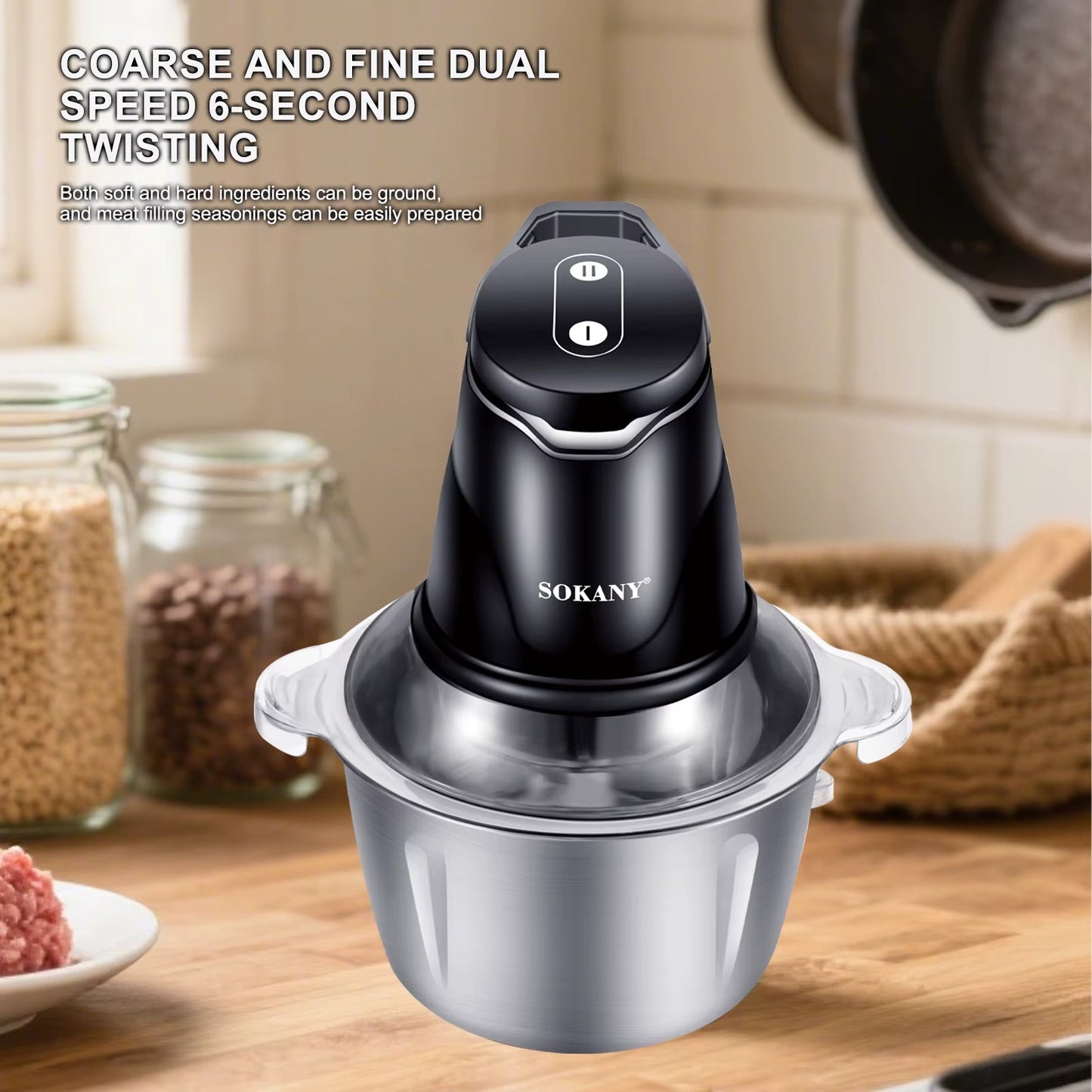 Picadora de carne SOKANY 2-en-1: Procesador de Acero Inoxidable