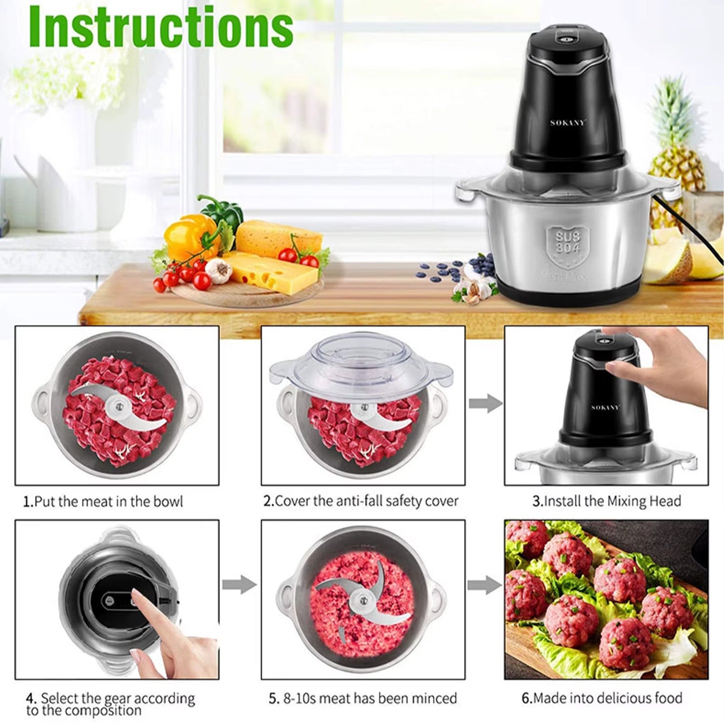 Picadora de carne SOKANY 2-en-1: Procesador de Acero Inoxidable